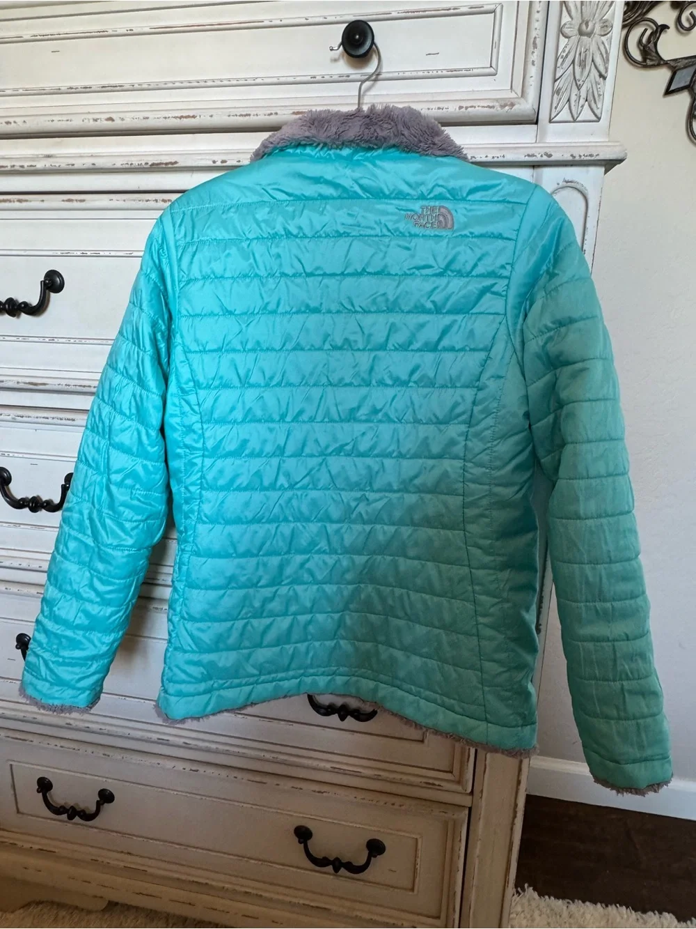 The North Face Girl’s Fuzzy Reversible Jacket - Grey and Aqua